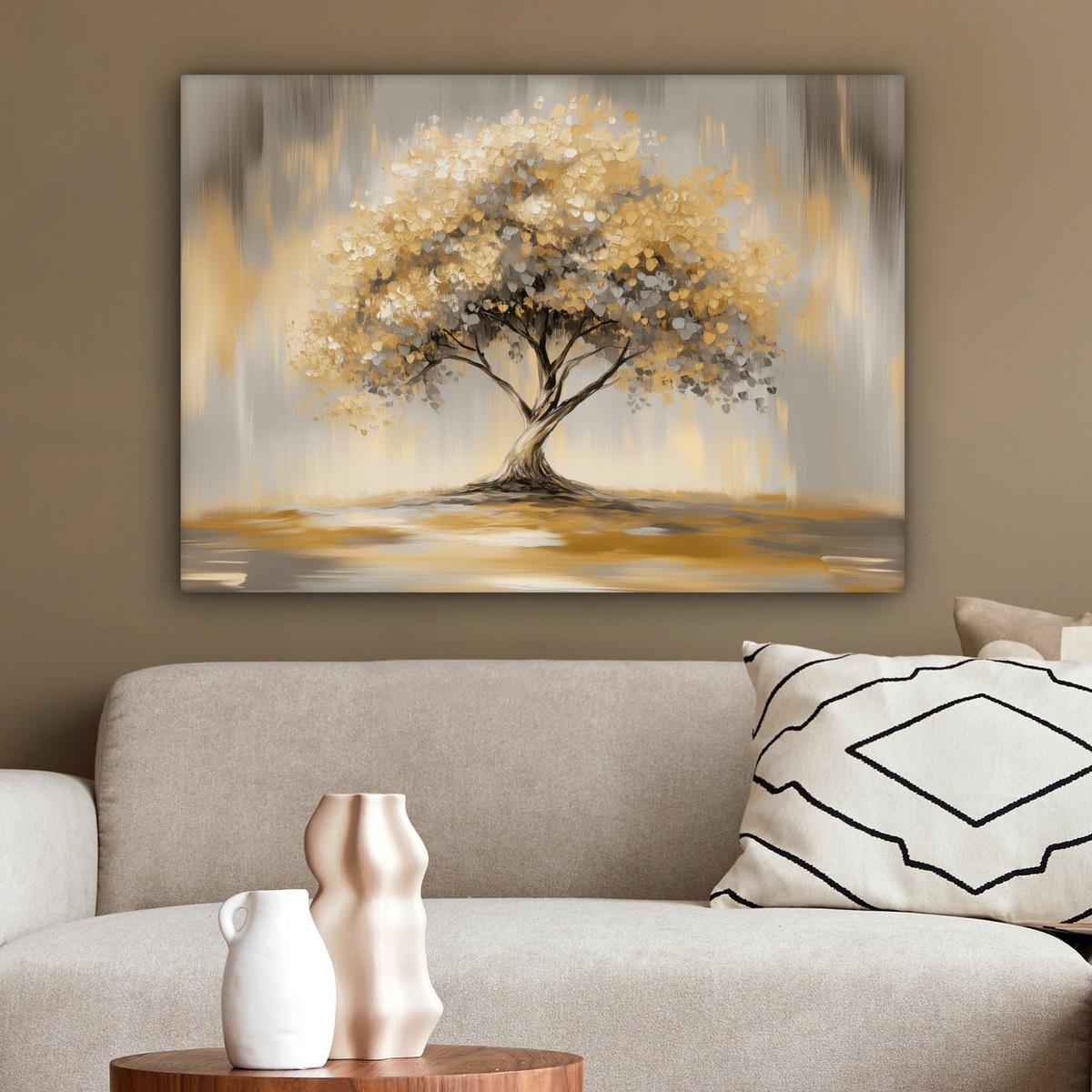 LEINWANDBILD Gemälde - Baum - Abstrakt - Blätter Wandbilder 80x60 cm - Beige, Textil (80/60cm) - MuchoWow