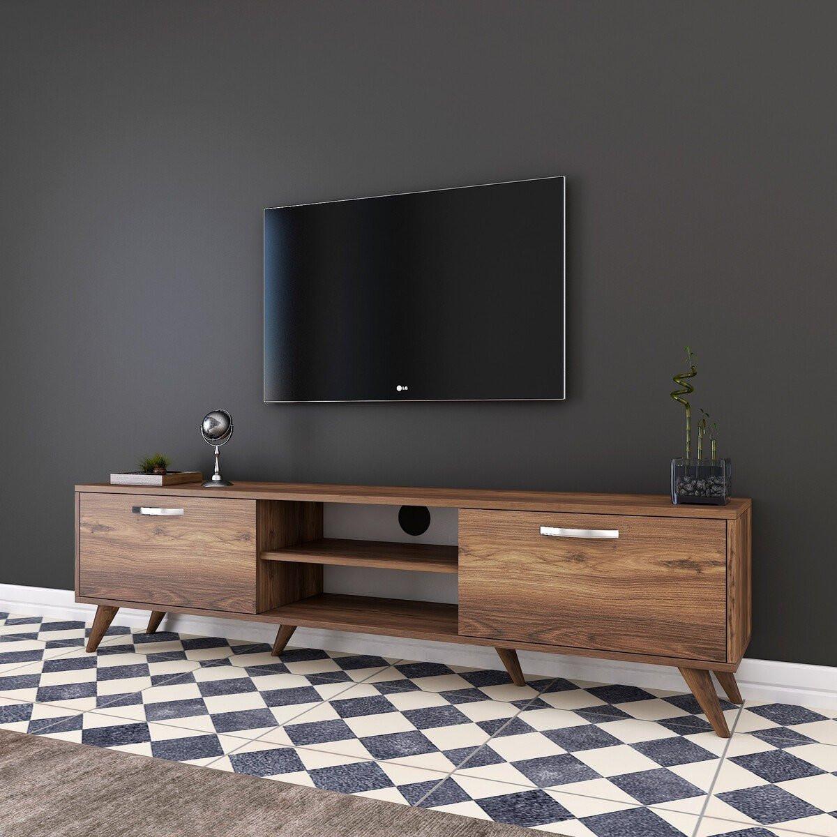TV-MÖBEL 2 Klapptüren 2 offene Fächer in der Mitte Dekor Walnussholz 35/48,6/180 cm - Nussbaumfarben, Holzwerkstoff (35/48.6/180cm) - Calicosy