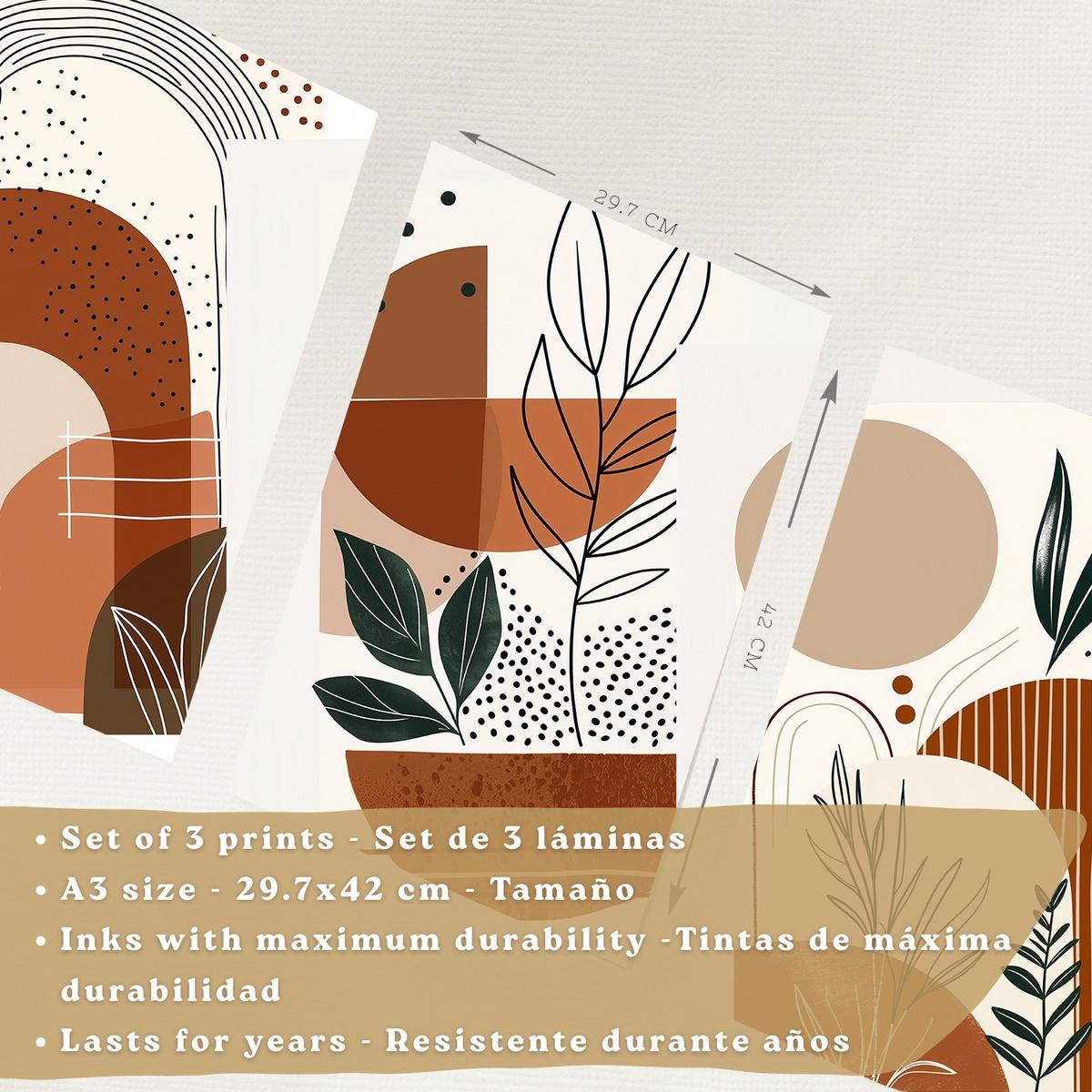 POSTER 3er Kunstdruck-Set Wandbilder Abstrakt Floral modern Wohnzimmer Deko, Schlafzimmer, Küche, Badezimmer Rahmenlos A3 - Beige, Papier (29.7/1/42cm) - Nacnic