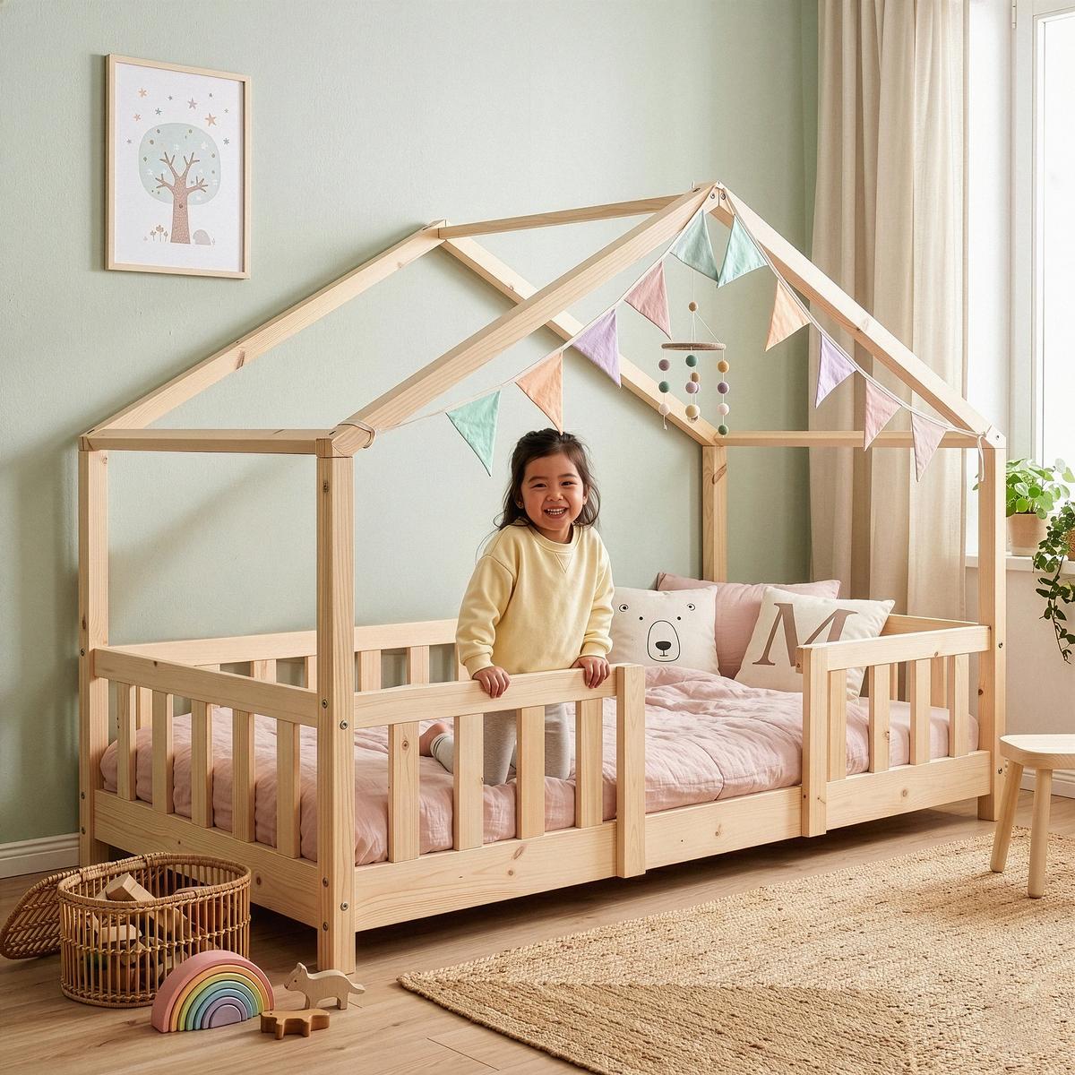 HAUSBETT Treviolo - Naturfarben, Holz (80/160cm) - [en.casa]