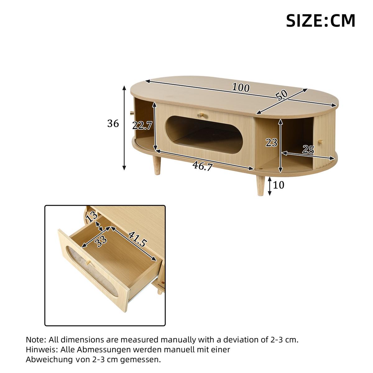 COUCHTISCH in Eiche-Optik – Ovales Design mit Glasschublade & Rolltüren - Eichefarben, Holzwerkstoff (50/100/36cm) - Urban Meuble