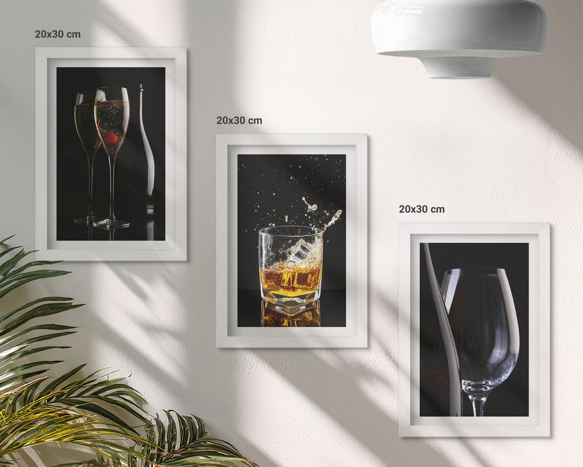 BILDER SET 3er Set - 20x30 cm Weißer Rahmen - Weingläser und Whiskygläser auf schwarzem Hintergrund - Weiß, Kunststoff (20/30cm) - TULUP