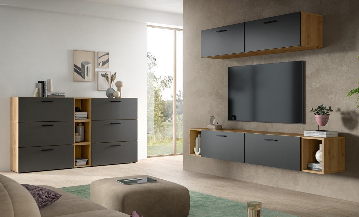 WOHNWAND grau, Eiche Artisan 300 cm, Wohnkombination hängend / stehend - Schwarz/Eiche Artisan, Holzwerkstoff/Kunststoff (300/178/34cm) - Inn.Furn