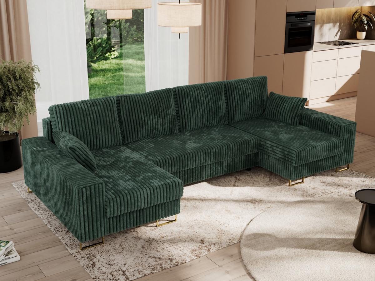 WOHNLANDSCHAFT DORIAN U Cord Grün - Goldfarben/Grün, Textil/Metall (312/85/138cm) - MKS