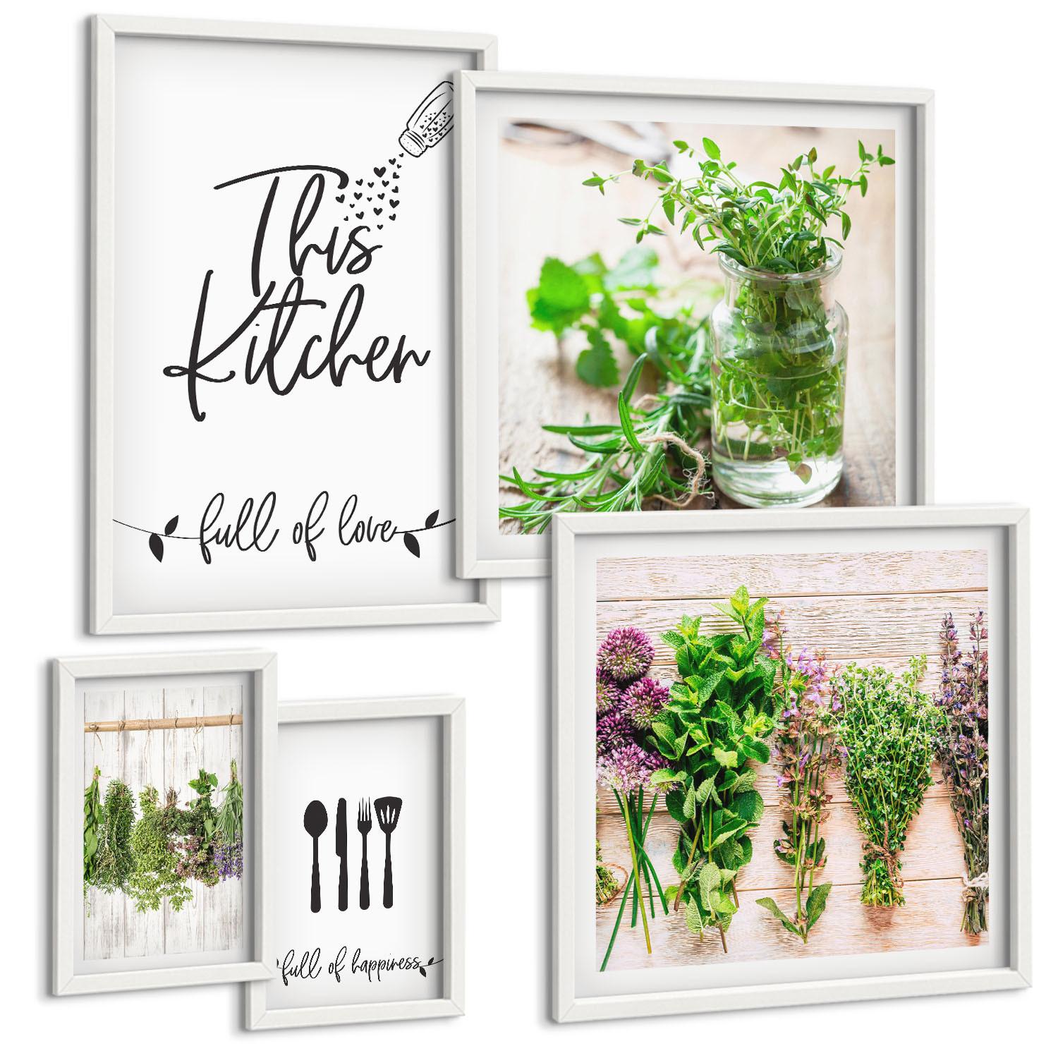 BILDER SET 5er Set - 50x50 cm & 20x30 cm & 40x60 cm Weißer Rahmen - Kräuterpflanzen zum Trocknen in der Küche - Weiß, Kunststoff (40/60cm) - TULUP
