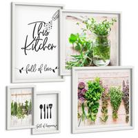 BILDER SET 5er Set - 50x50 cm & 20x30 cm & 40x60 cm Weißer Rahmen - Kräuterpflanzen zum Trocknen in der Küche - Weiß, Kunststoff (40/60cm) - TULUP