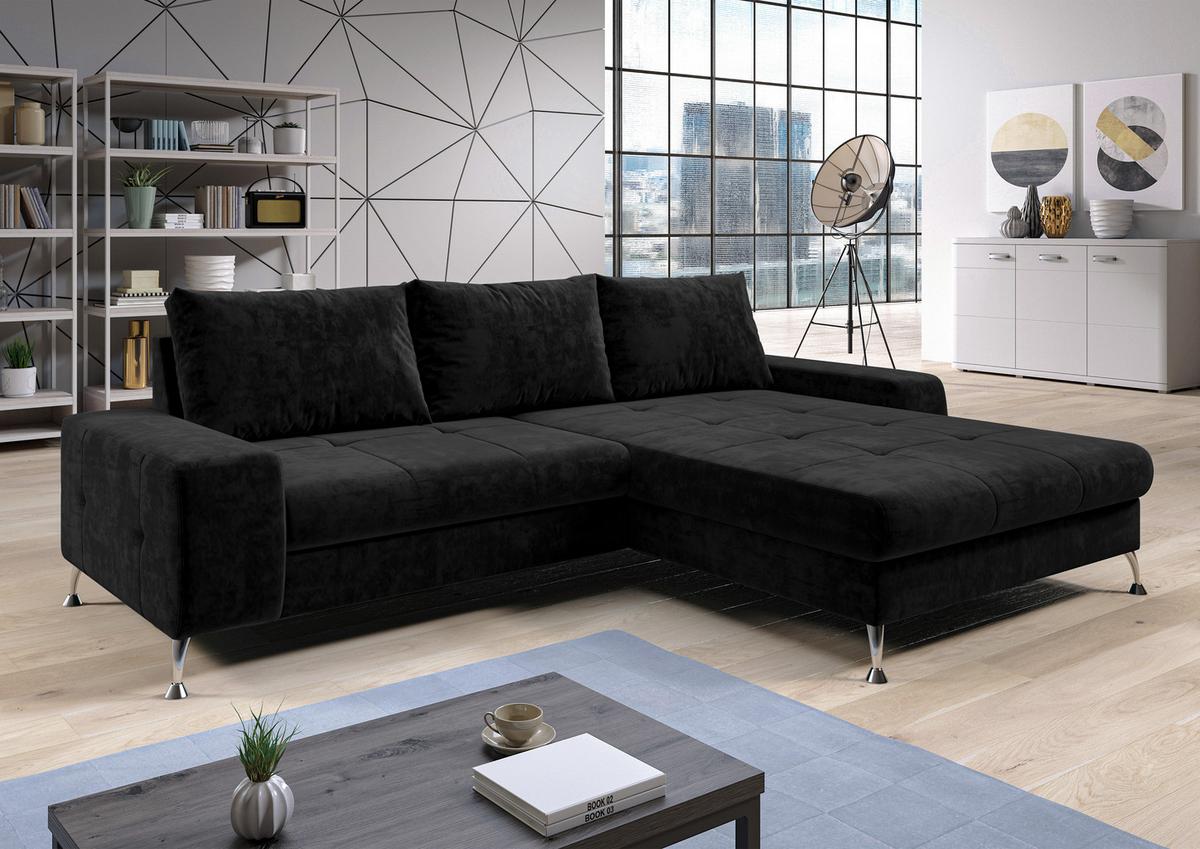 ECKSOFA L Form Artemia Schwarz Samt 275/192/81 cm – modernes Sofa fürs Wohnzimmer R - Silberfarben/Schwarz, Textil/Metall (275/192cm) - AX Living