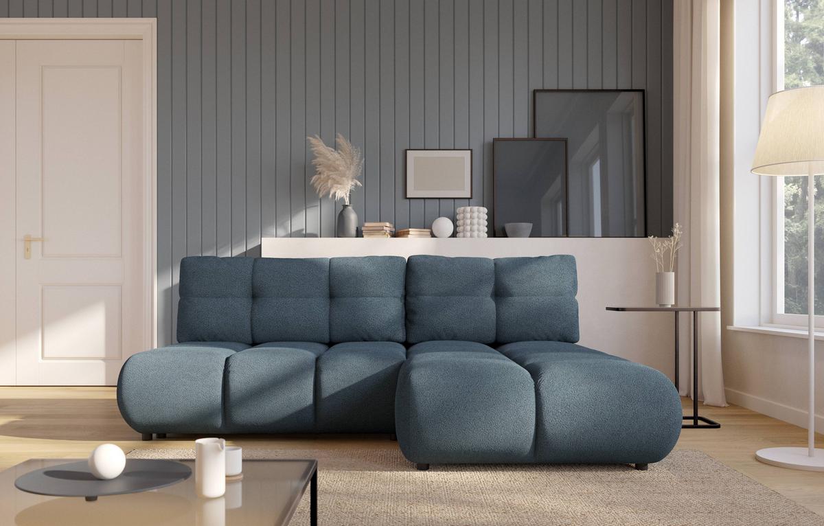 ECKSOFA CORSO R-S Blau Boucle-Stoff mit Schlaffunktion - Blau, Holz (230/177cm) - MASSENO