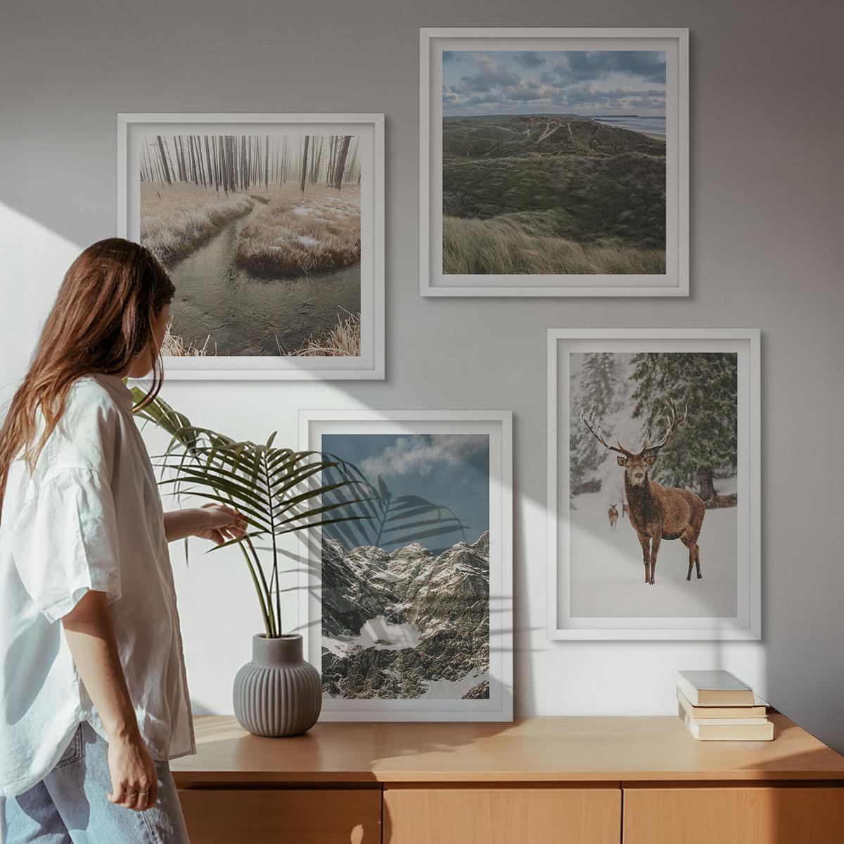 BILDER SET 4er Set - 50x50 cm & 40x60 cm Weißer Rahmen - Berge, Schnee, Hirsche, Waldlandschaft - Weiß, Kunststoff (50/50cm) - TULUP