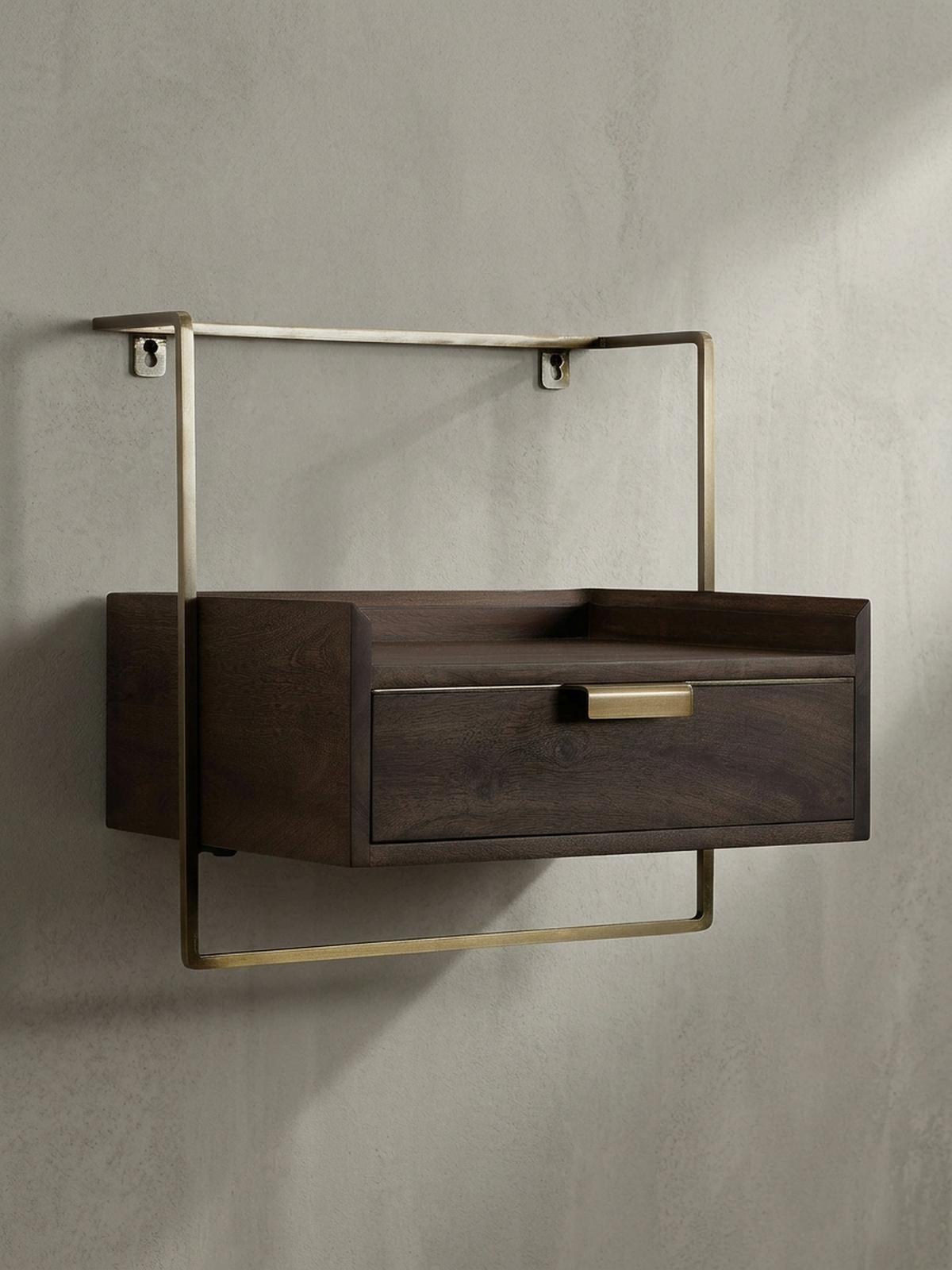 NACHTTISCH Mango Massivholz Wandmontage Schublade Boxspringbett, Braun 44x35x45 cm - Goldfarben/Braun, Holz/Metall (44/45/35cm) - KADIMA DESIGN