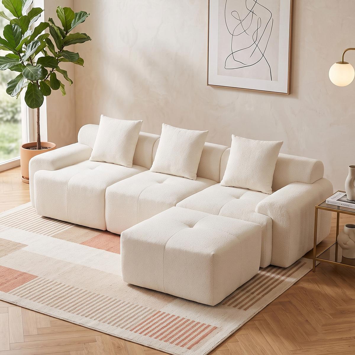 ECKSOFA Modulares Sofa Beige L-Form mit Hocker & Memory-Schaum - Beige, Textil (97/100cm) - Urban Meuble
