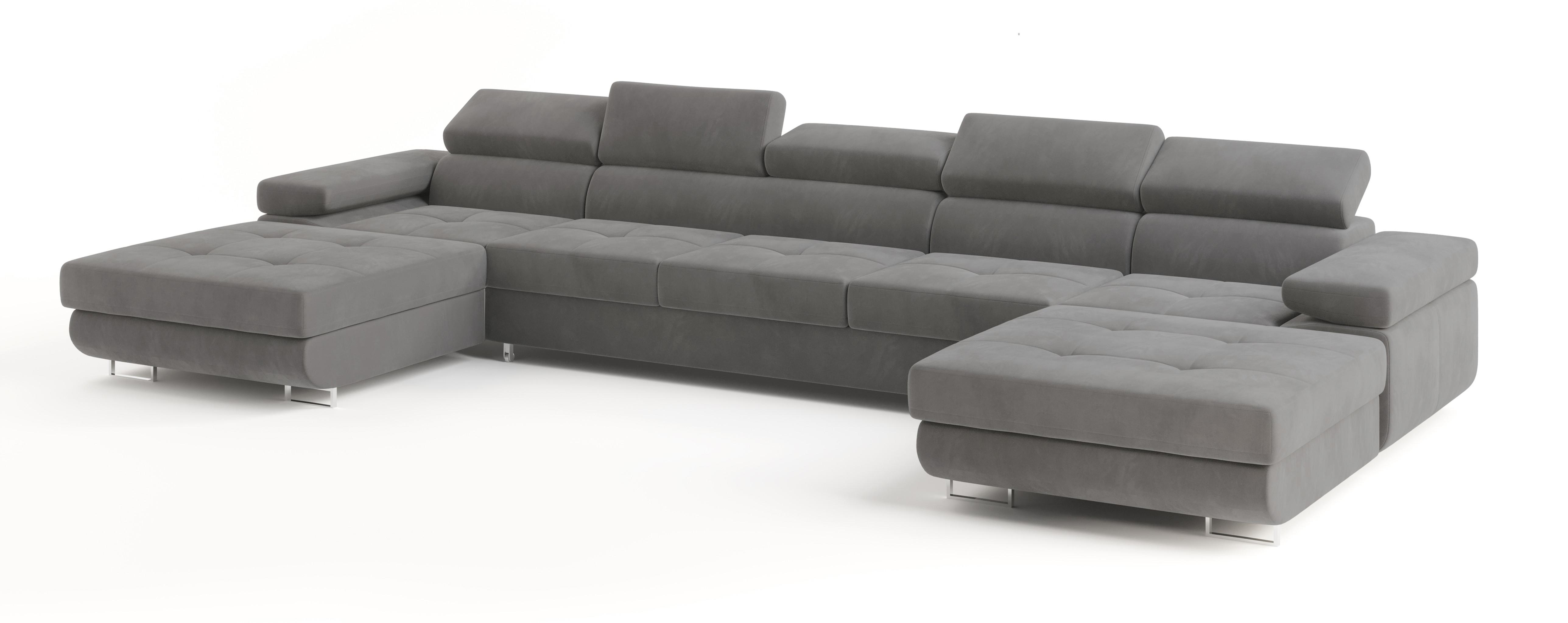 WOHNLANDSCHAFT OMBRA Grau Velours-Stoff mit Schlaffunktion - Grau, Holz (425/90/202cm) - MASSENO