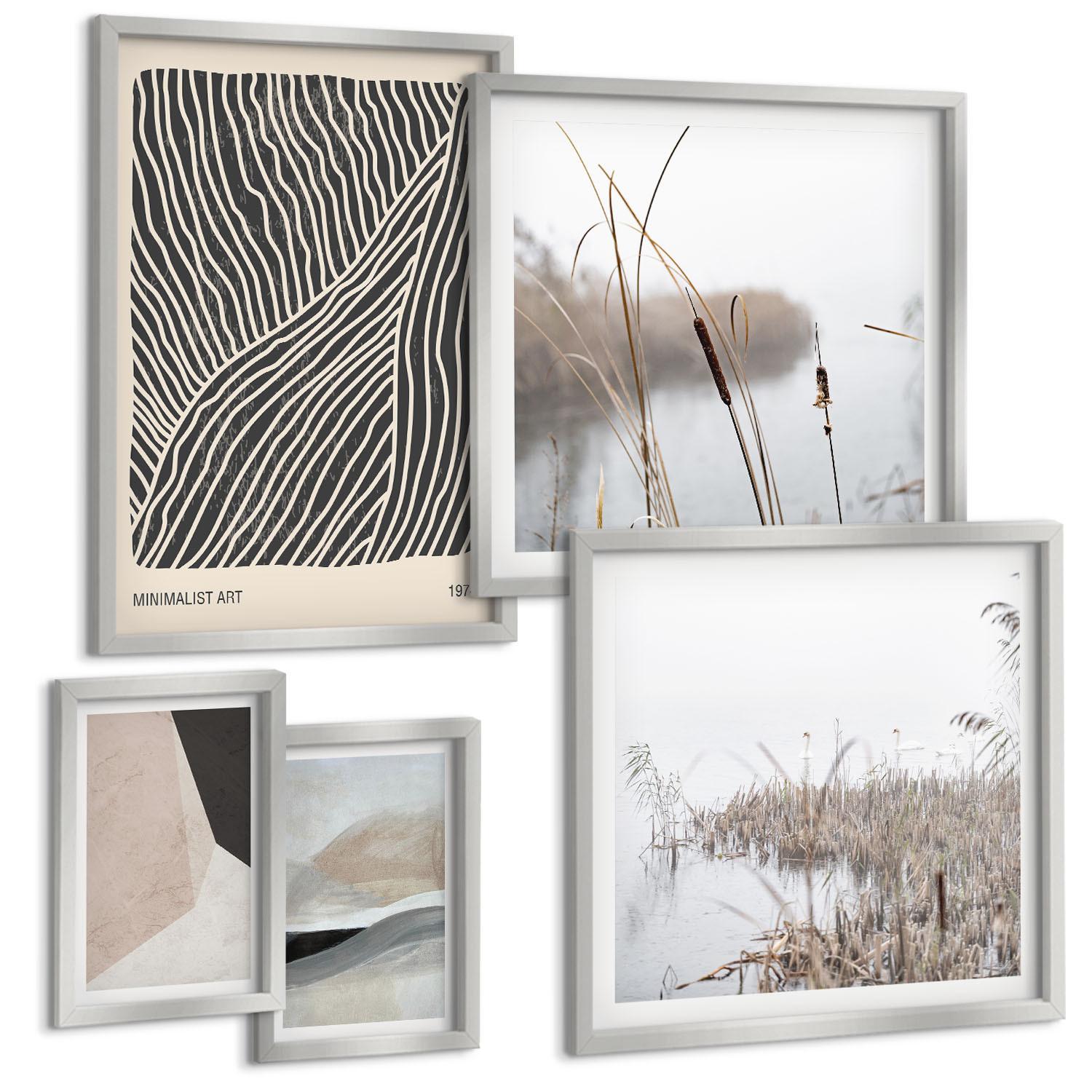 BILDER SET 5er Set - 50x50 cm & 20x30 cm & 40x60 cm Silberner Rahmen - Abstrakte Boho-Dekorationsmuster - Silberfarben, Kunststoff (40/60cm) - TULUP