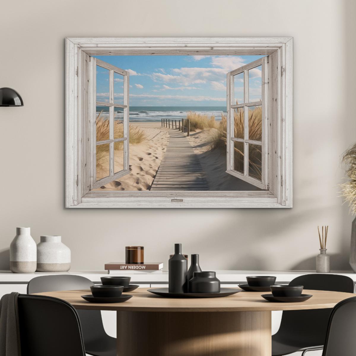AKUSTIKBILD Fenster - Meer - Küste - Natur - Ausblick - Strand - Wattenmeer Gemälde 80x60 cm - Beige, Kunststoff (80/60/0.9cm) - MuchoWow