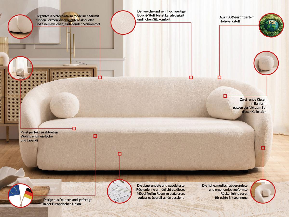 3-SITZER-SOFA Roundi Cremeweiß Bouclé - Creme/Schwarz, Holz/Kunststoff (208/76/80cm) - S-Style Möbel