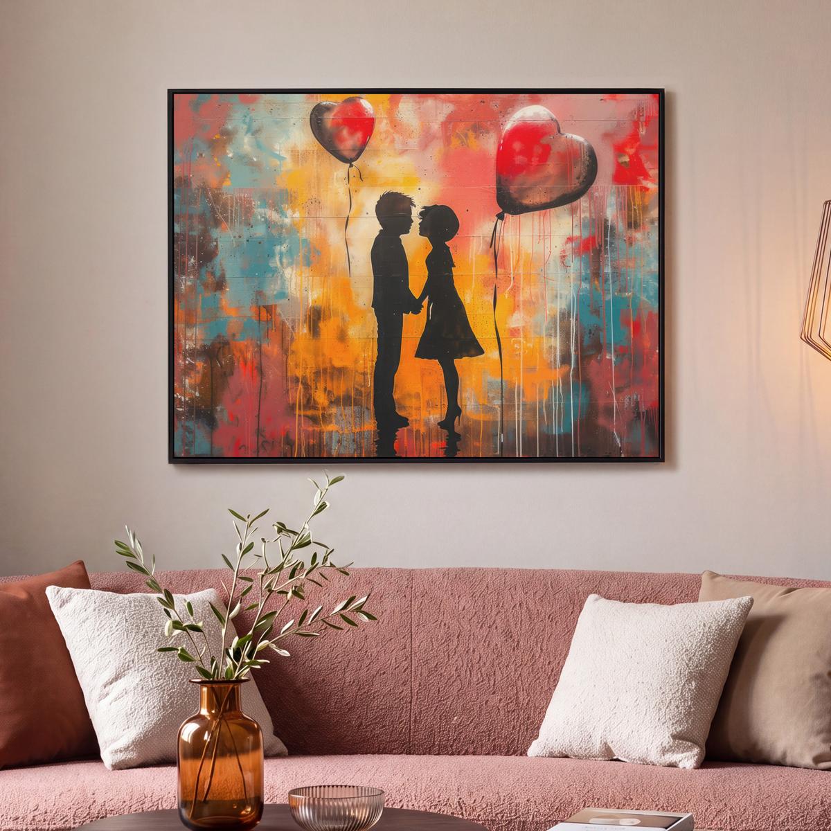 LEINWAND Bilder mit Rahmen - Straßenkunst - Liebe - Graffiti - Kunst - Banksy - 100x70 - Orange, Textil (100/70cm) - MuchoWow