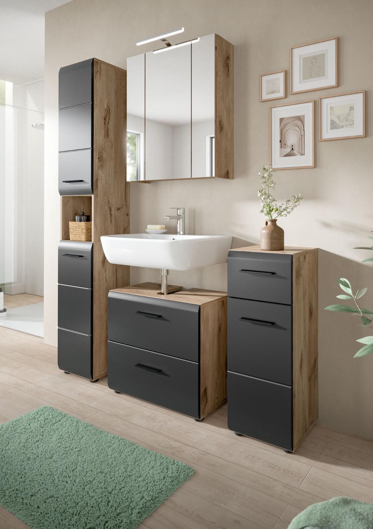 MIDISCHRANK schwarz matt, Eiche Nox, Bad Kommode 30 x 80 cm mit Vollauszug - Eichefarben/Schwarz, Holzwerkstoff/Kunststoff (30/80/30cm) - Inn.Furn