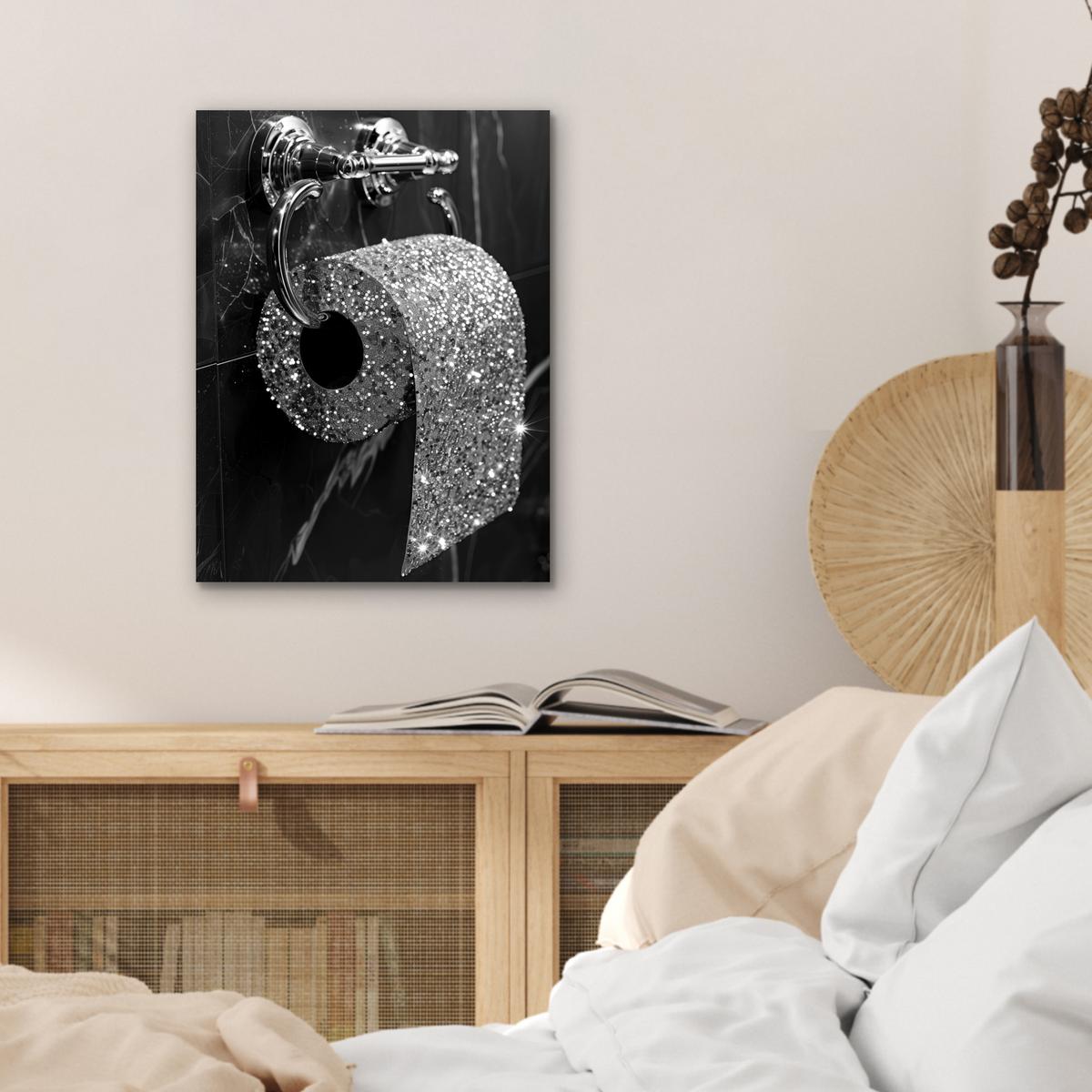METALLBILD WC - Toilettenpapier - Schwarz und weiß - Glitter 30x40 cm - Silberfarben, Metall (30/40cm) - MuchoWow