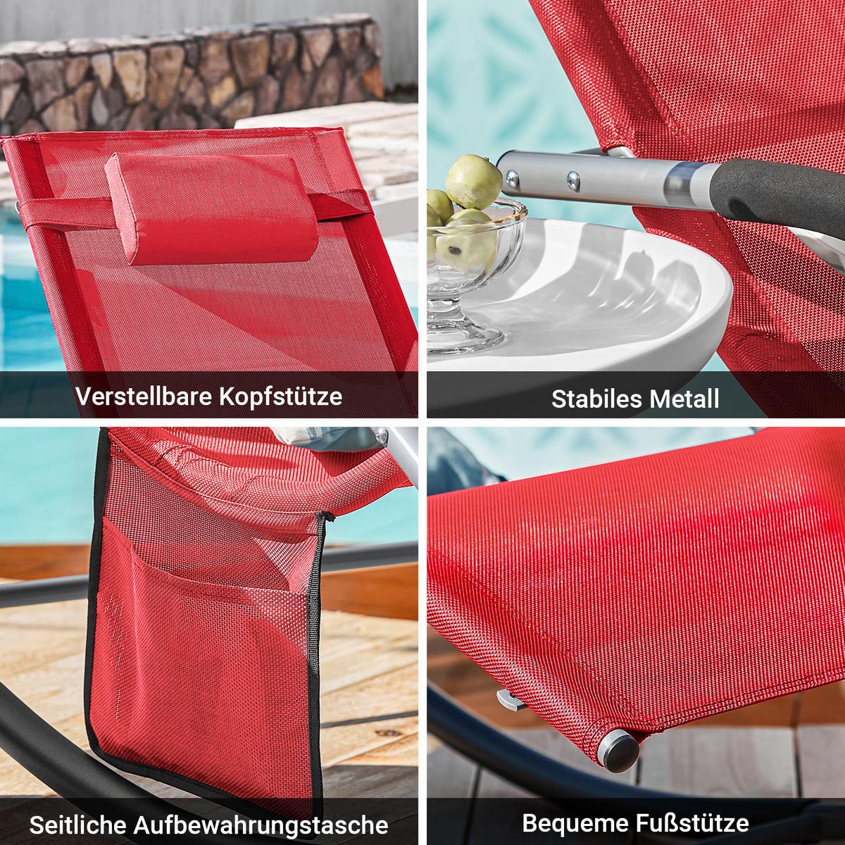 SONNENLIEGE mit Kopfkissen, Gartenliege bis 150kg, Rot - Rot, Metall (63/87/150cm) - SoBuy