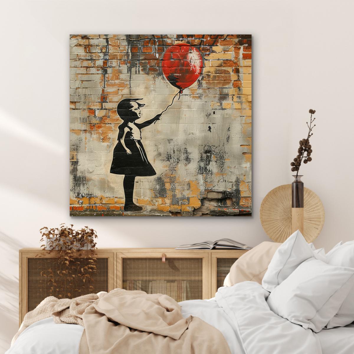 METALLBILD Graffiti - Banksy - Mädchen - Straßenkunst 90x90 cm - Sandfarben, Metall (90/90cm) - MuchoWow
