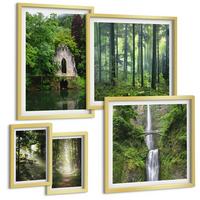 BILDER SET 5er Set - 50x50 cm & 20x30 cm & 40x60 cm Goldrahmen - Grüne Wälder, Lichtstrahlen - Goldfarben, Kunststoff (40/60cm) - TULUP