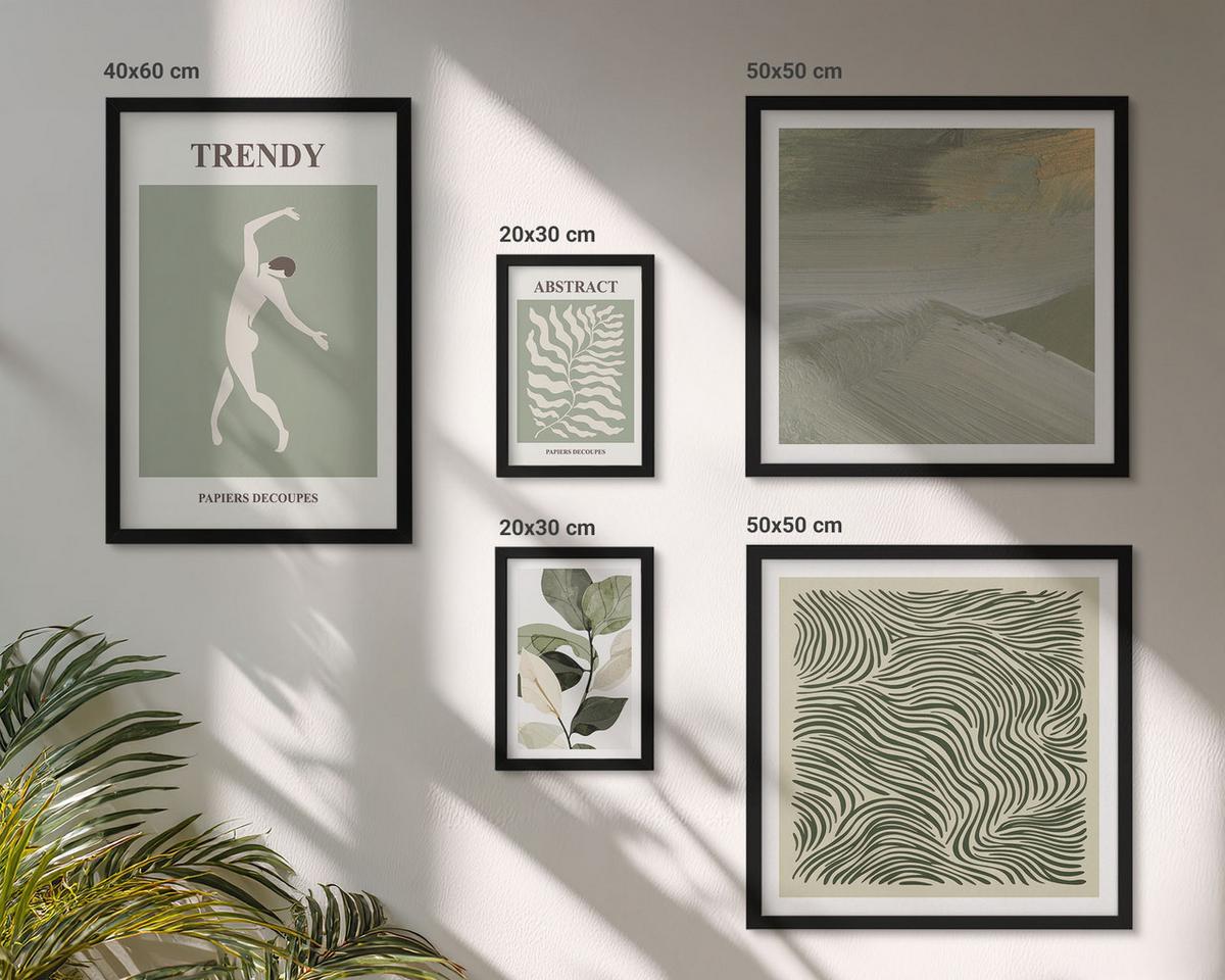 BILDER SET 5er Set - 50x50 cm & 20x30 cm & 40x60 cm Schwarzer Rahmen - Abstrakte Pflanzenmuster - Schwarz, Kunststoff (40/60cm) - TULUP