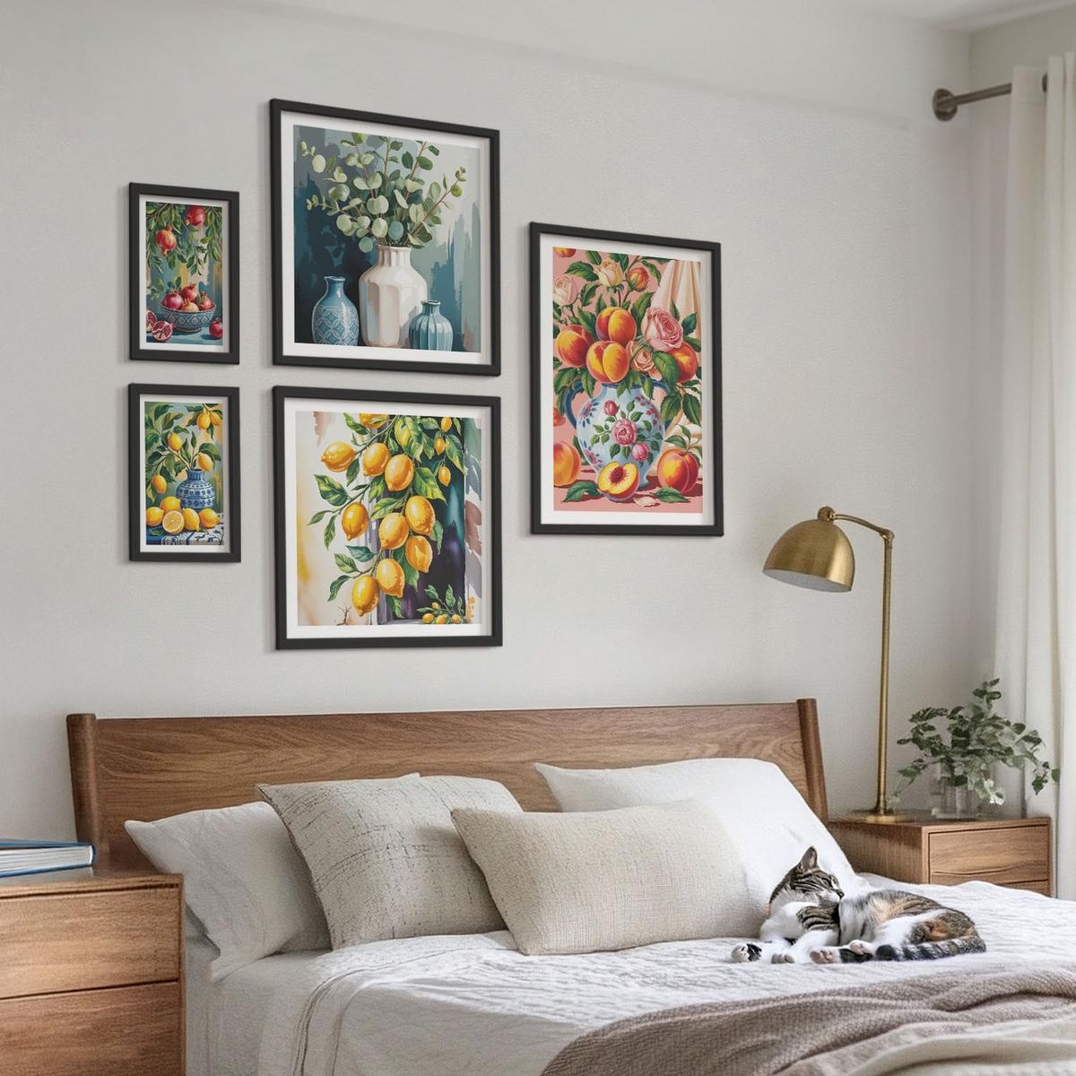BILDER SET 5er Set - 50x50 cm & 20x30 cm & 40x60 cm Schwarzer Rahmen - Amalfi-Zitronen und -Orangen - Schwarz, Kunststoff (40/60cm) - TULUP
