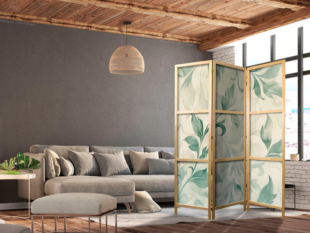 PARAVENT Japanischer 3-tlg 135x172 cm Pastellbl tter - Beige, Holz/Textil (135/172/3cm) - Muralo