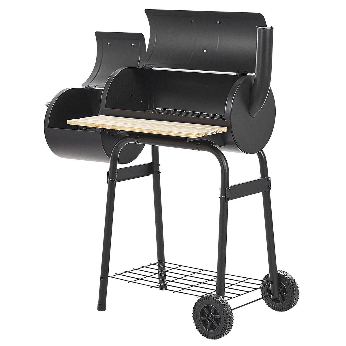 HOLZKOHLEGRILL mit Räucherkammer schwarz rollbar Satah - Schwarz, Metall (110/115/51cm)