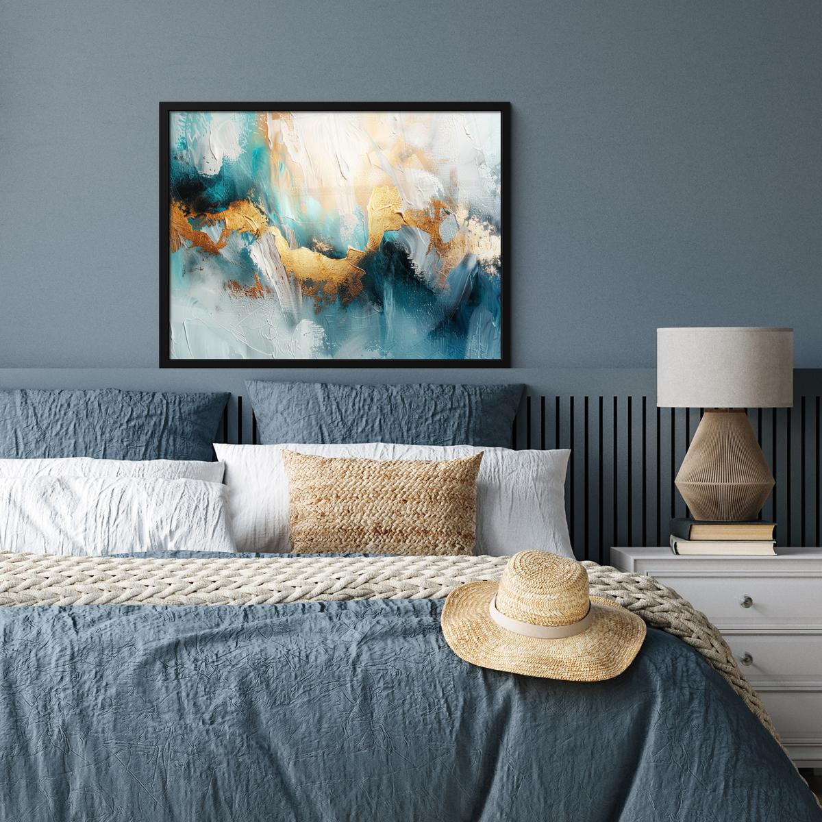 POSTER MIT RAHMENGERAHMTES BILD Abstrakt - Kunst - Gold - Blau 80x60 cm - Petrol, Papier (80/60cm) - MuchoWow