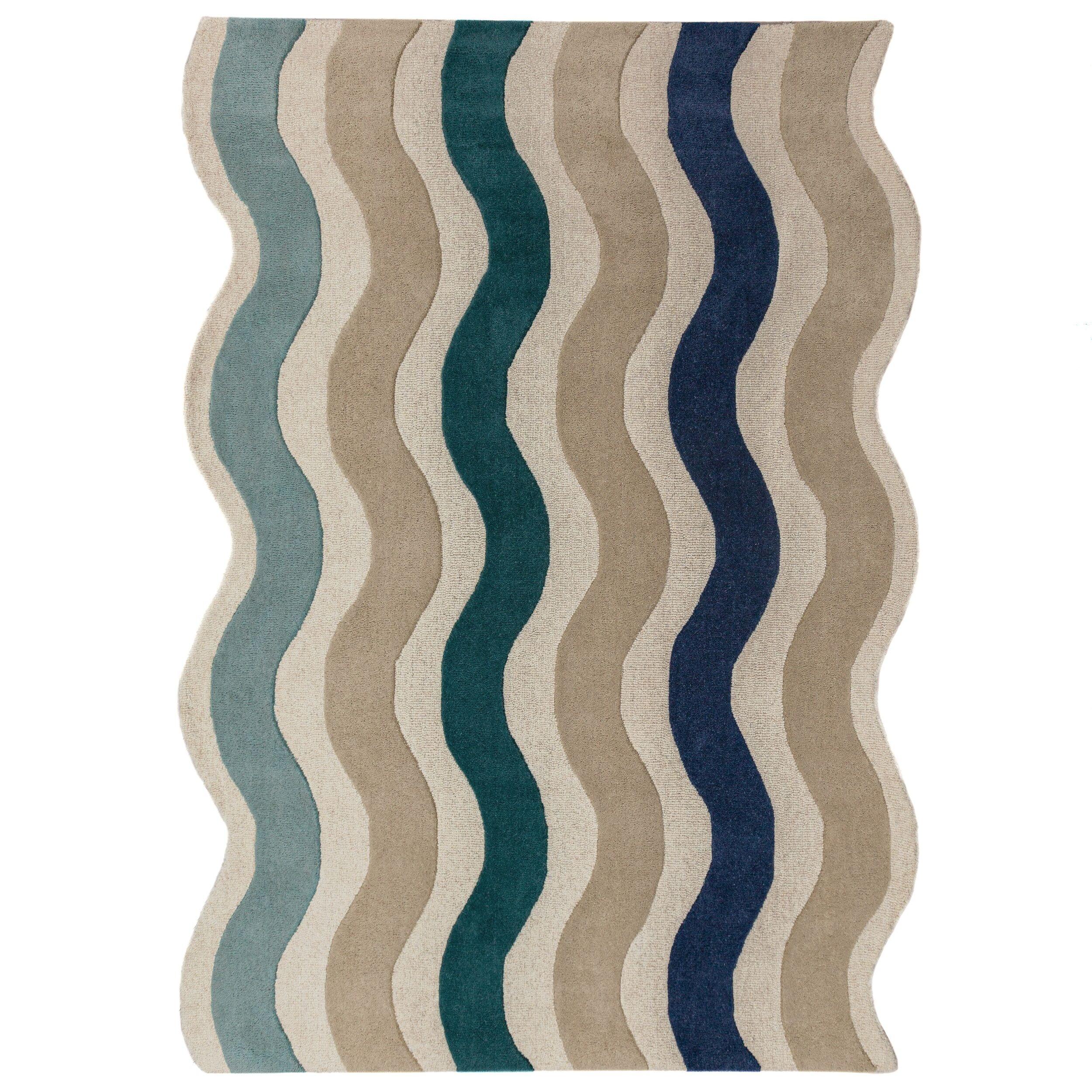 WOLLTEPPICH handgetuftet MONNOW, Wellenstreifen, Natur-Blau, 140 x 200 cm - Blau/Beige, Textil (140/200cm) - KADIMA DESIGN