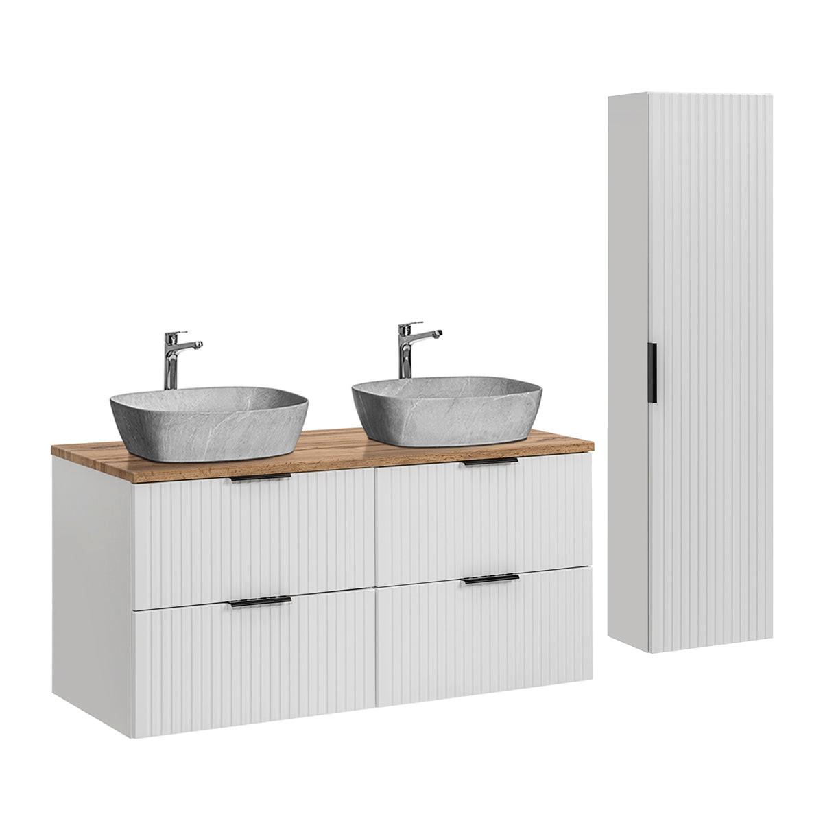 BADMÖBEL 120.8cm Adriel 2er-Set Weiß, Holz und Stein - Weiß, Holzwerkstoff (120.8/59/46cm) - Petits-meubles