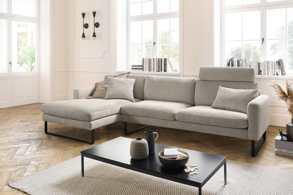 ECKSOFA RICARDA Granit Cord - Greige/Schwarz, Textil/Metall (298/154cm) - KAWOLA