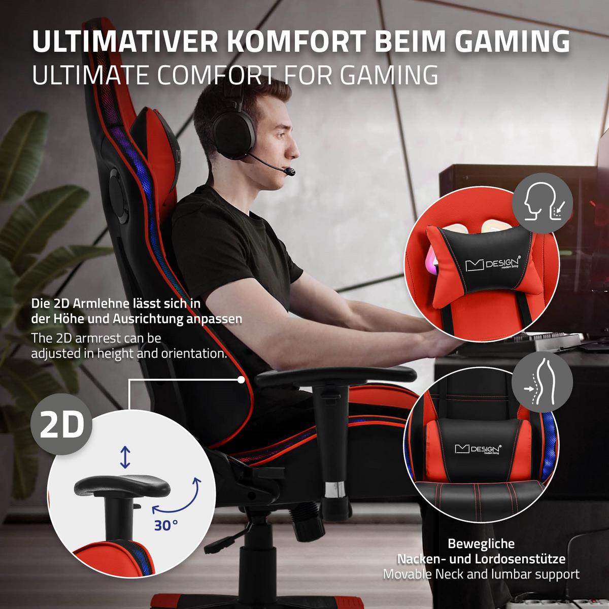 GAMINGSTUHL mit RGB Licht und Lautsprecher, Rot, aus Kunstleder - Rot/Schwarz, Kunststoff/Metall (72/133/72cm) - ML-DESIGN