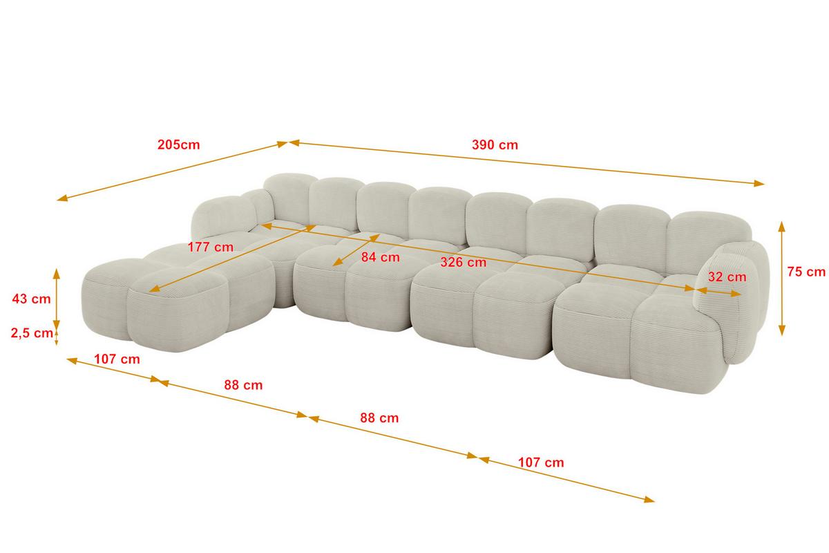 ECKSOFA modulares Sofa Links Miko-L3 390x205x75 Creme Cord - Schwarz/Mokka, Holzwerkstoff/Kunststoff (390/205cm) - ALTDECOR