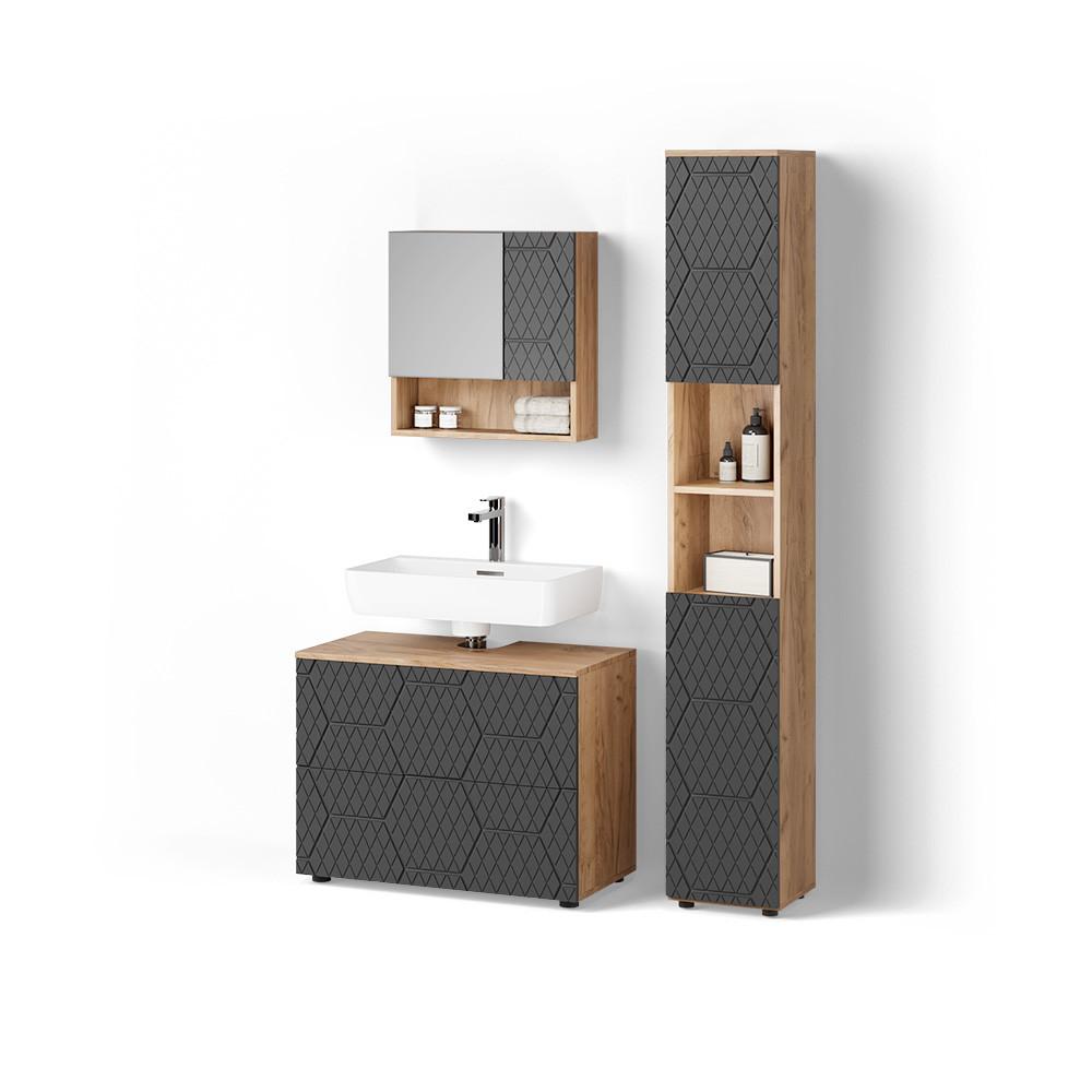 BADMÖBEL-SET Ronco Anthrazit mit Wabenstruktur 3 Teile, mit Schubladenschrank und Hochschrank - Anthrazit, Holzwerkstoff (80/58/41cm) - Livinity®