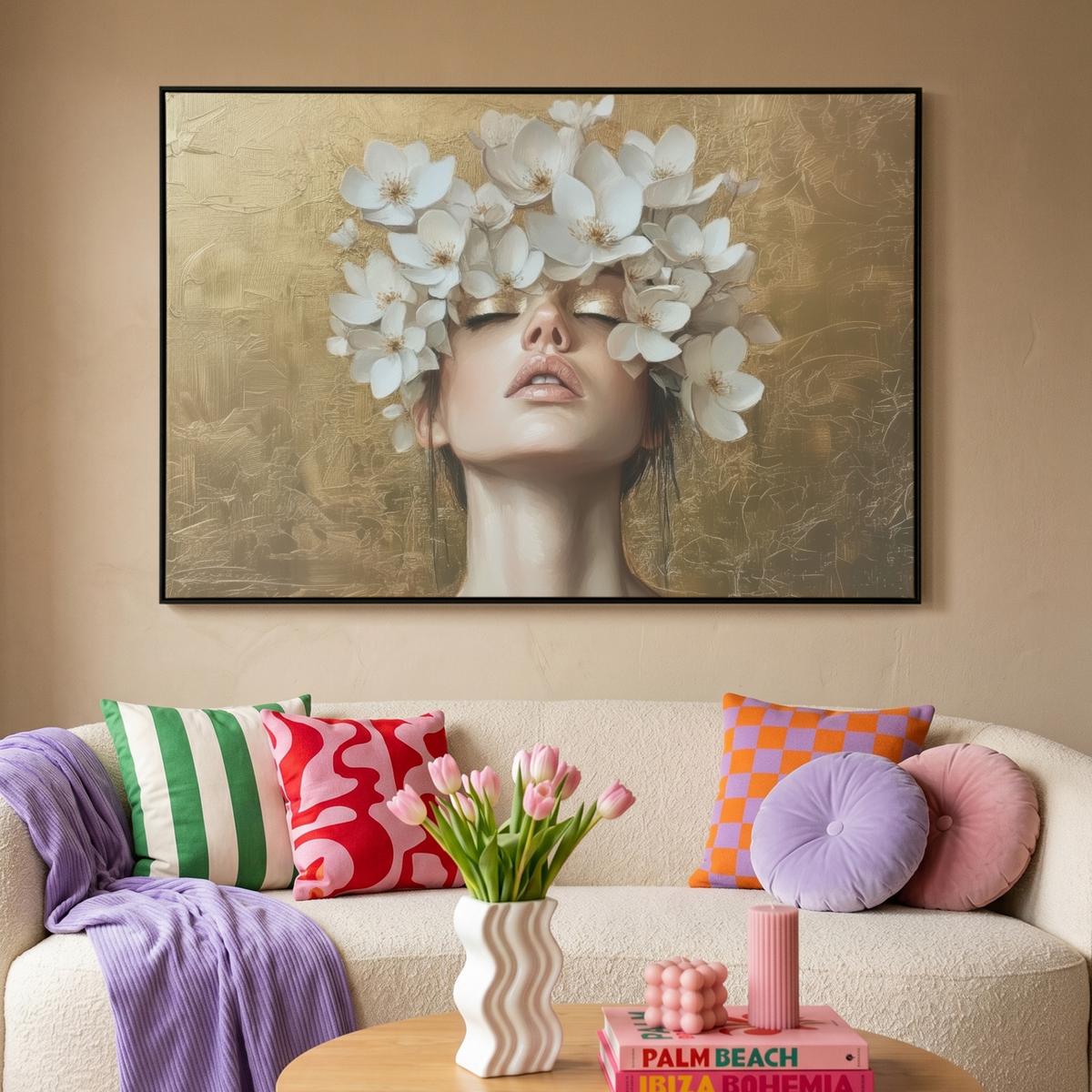 LEINWAND Bilder mit Rahmen - Gesicht - Blumen - Gold - Abstrakt - 140x90 - Goldfarben, Textil (140/90cm) - MuchoWow