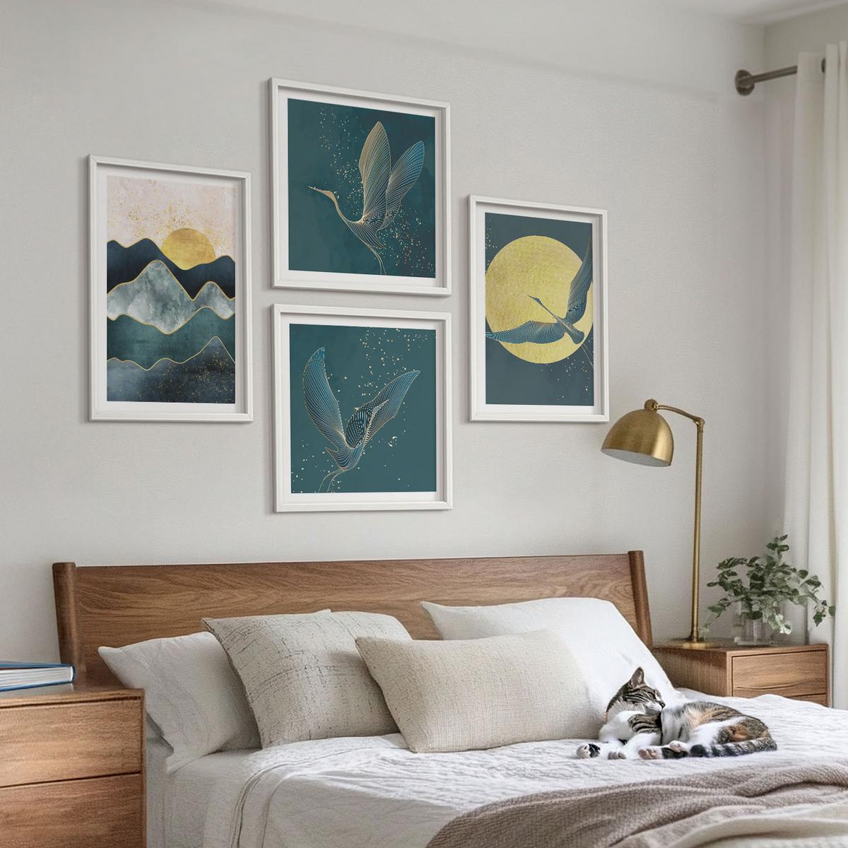 BILDER SET 4er Set - 50x50 cm & 40x60 cm Weißer Rahmen - Vögel, Kraniche, Mond, Berge - Weiß, Kunststoff (50/50cm) - TULUP