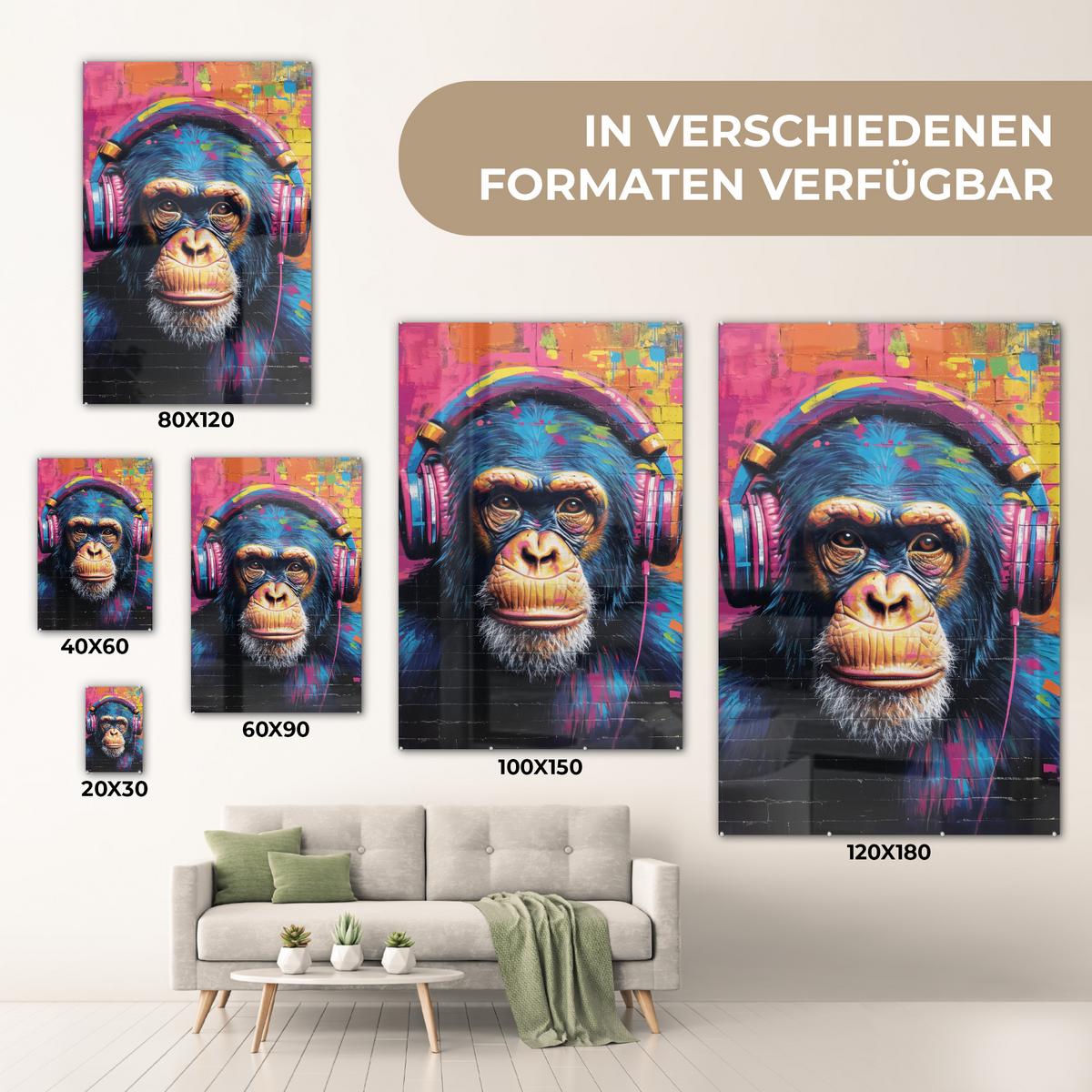 ACRYLGLASBILD Graffiti - Schimpanse - Straßenkunst - Kopfhörer - Affe 80x120 cm - Blau, Glas (80/120cm) - MuchoWow