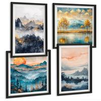 BILDER SET 4er Set - 50x50 cm & 40x60 cm Schwarzer Rahmen - Gemalte Abstraktionen der Natur - Schwarz, Kunststoff (50/50cm) - TULUP