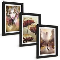 BILDER SET 3er Set - 20x30 cm Schwarzer Rahmen - Abstraktes Porträt einer Frau mit Blumen und Regen - Schwarz, Kunststoff (20/30cm) - TULUP
