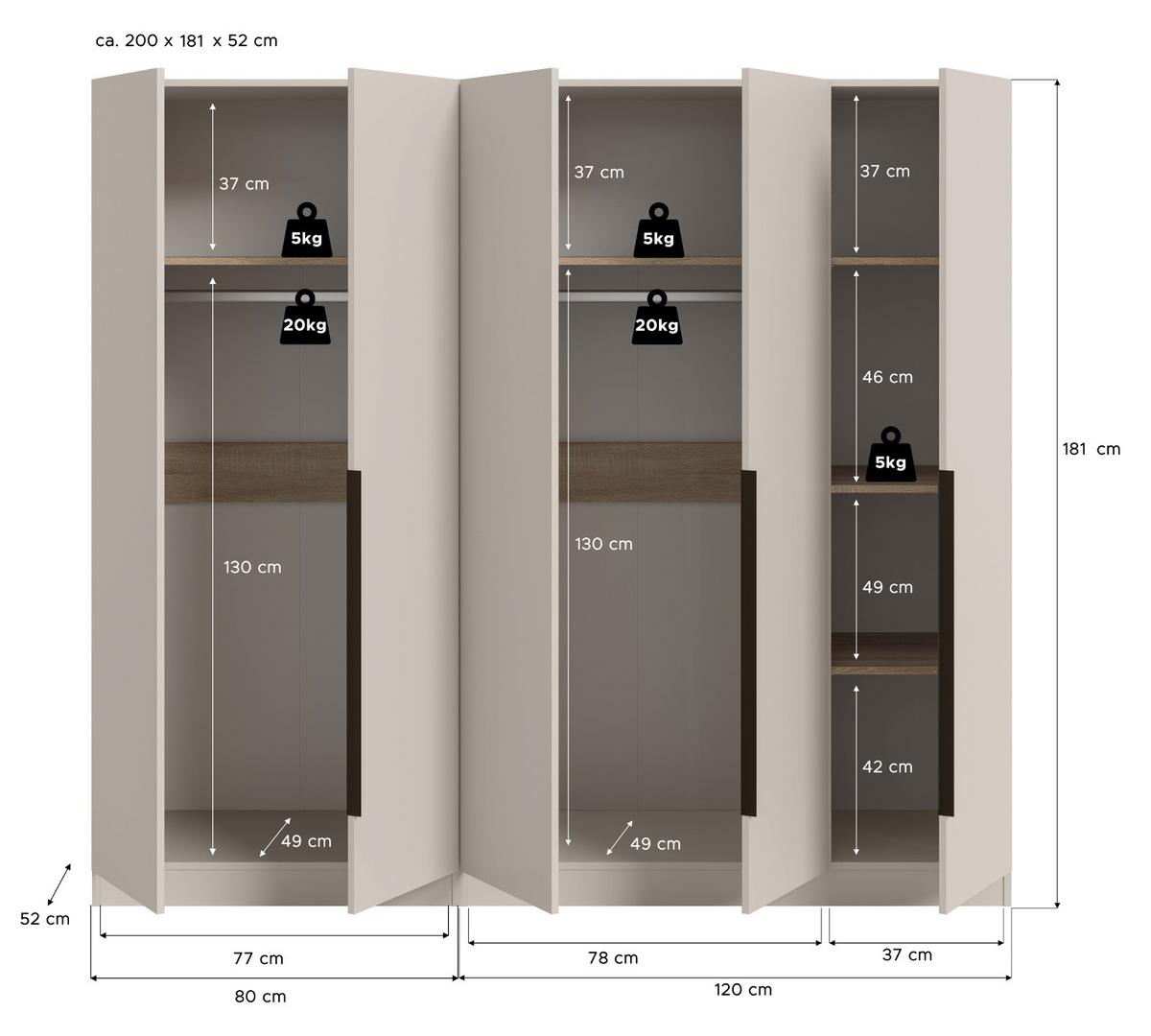 KLEIDERSCHRANK kaschmir 200 x 181 cm, Drehtürenschrank 5-türig mit Einlegeböden - Kaschmir/Schwarz, Holzwerkstoff/Kunststoff (200/181/52cm) - Inn.Furn