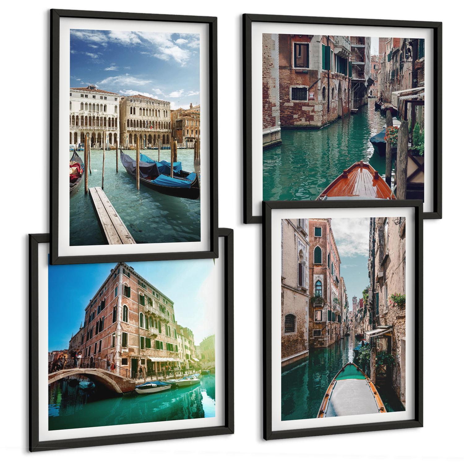 BILDER SET 4er Set - 50x50 cm & 40x60 cm Schwarzer Rahmen - Architektur der Kanäle von Venedig - Schwarz, Kunststoff (50/50cm) - TULUP