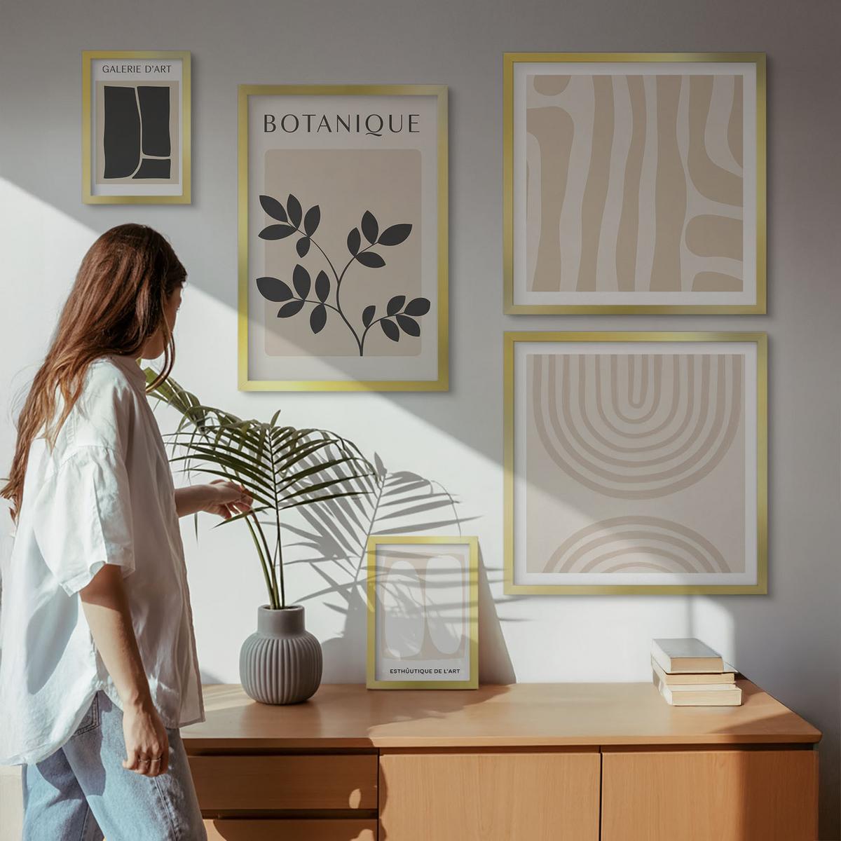 BILDER SET 5er Set - 50x50 cm & 20x30 cm & 40x60 cm Goldrahmen - Boho-Pflanzenposter - Goldfarben, Kunststoff (40/60cm) - TULUP