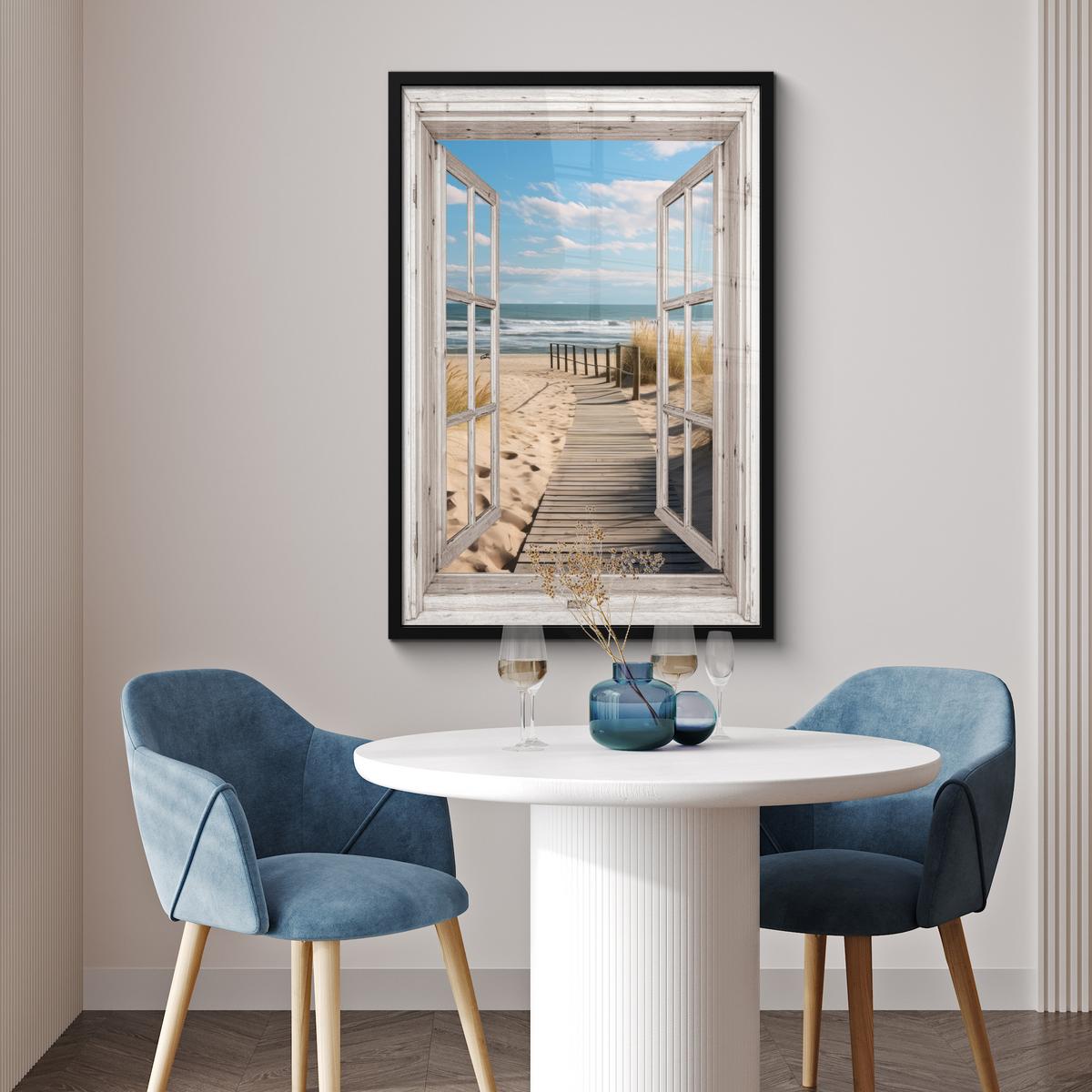POSTER MIT RAHMENGERAHMTES BILD Fenster - Meer - Küste - Natur - Ausblick - Strand - Wattenmeer 60x90 cm - Beige, Papier (60/90cm) - MuchoWow