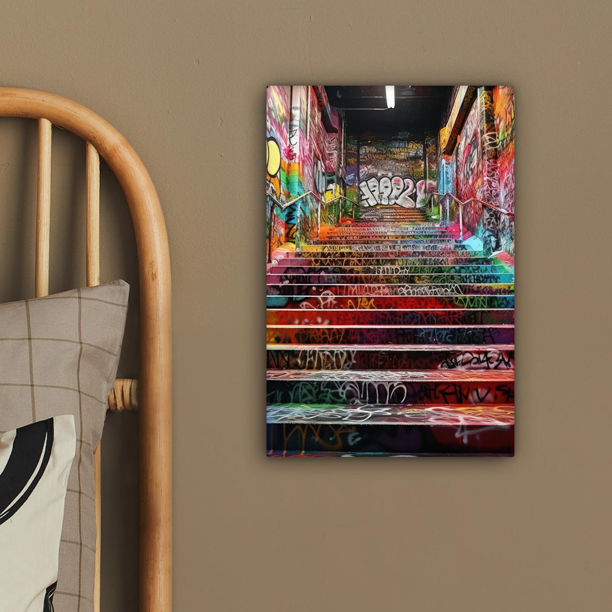 LEINWANDBILD Treppe - Graffiti - Farben - Kunst Deko Wohnzimmer 20x30 cm - Multicolor, Textil (20/30cm) - MuchoWow