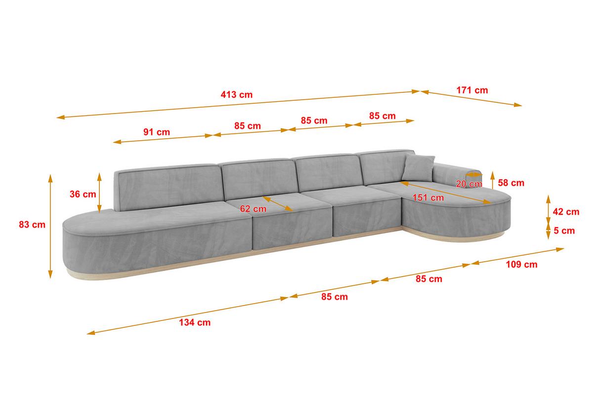 ECKSOFA Ottomane Rechts MARI-L3-v1 - 413x171x83 cm Grau Velours - Grau, Holzwerkstoff/Textil (171/413cm) - ALTDECOR