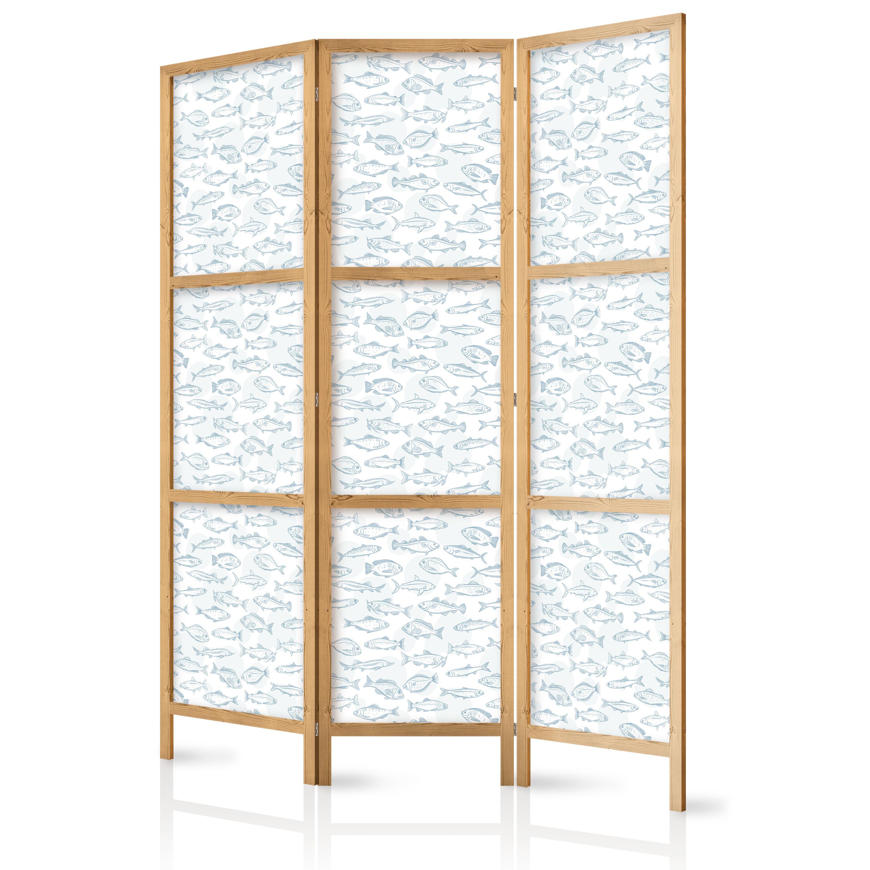 PARAVENT Japanischer 3-tlg 135x172 cm Fische Natur - Blau, Holz/Textil (135/172/3cm) - Muralo