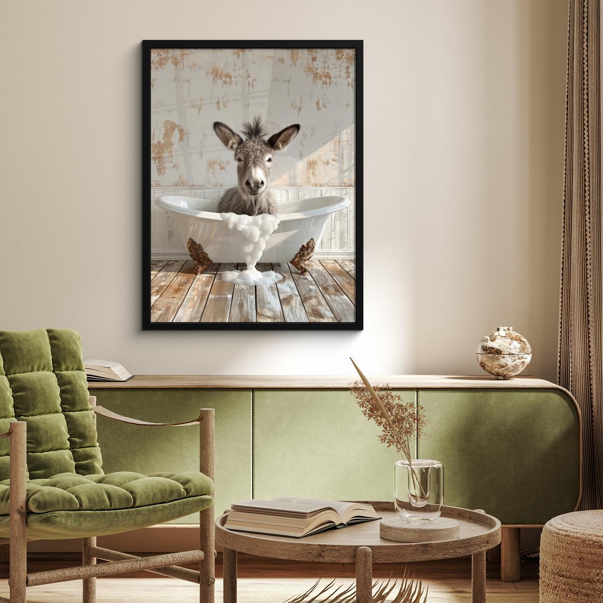 POSTER MIT RAHMEN Esel - Tiere - Badewanne - Schaumstoff Posterleiste 60x80 cm - Weiß, Papier (60/80cm) - MuchoWow