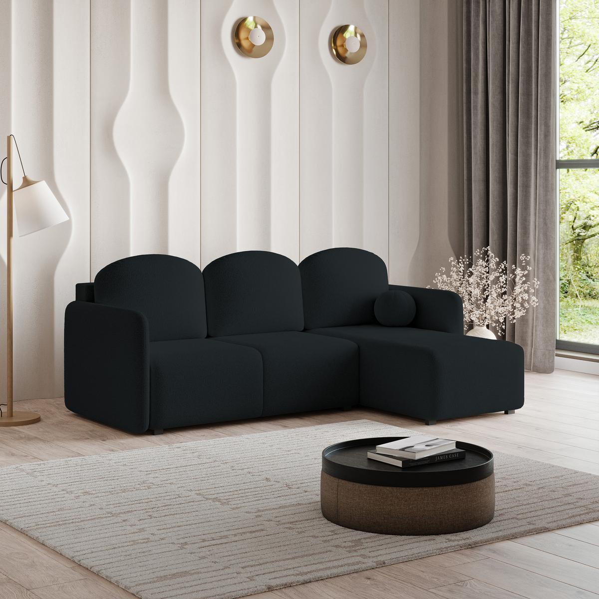 ECKSOFA SUVINO Schwarz Boucle-Stoff mit Schlaffunktion - Schwarz, Holz (230/143cm) - MASSENO